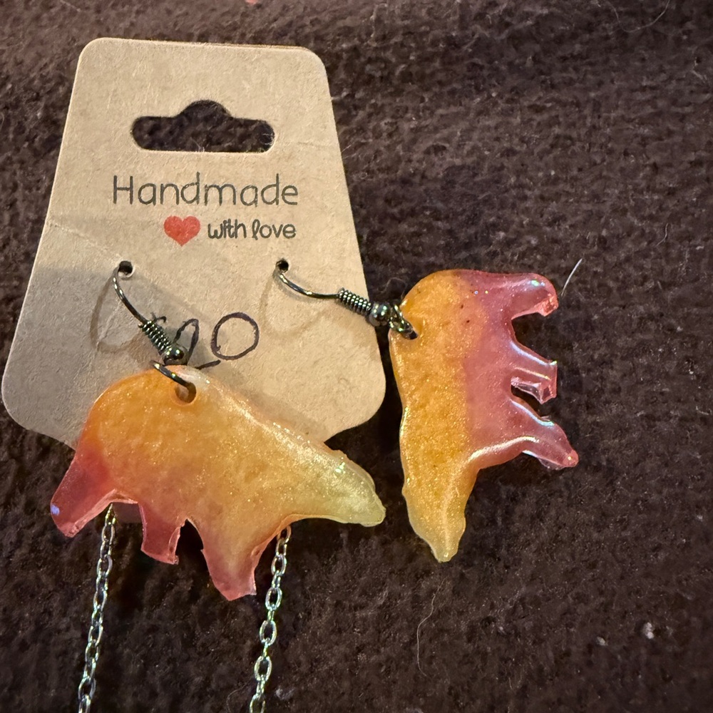 Handmade Bear Earrings in Orange and Pink with necklace